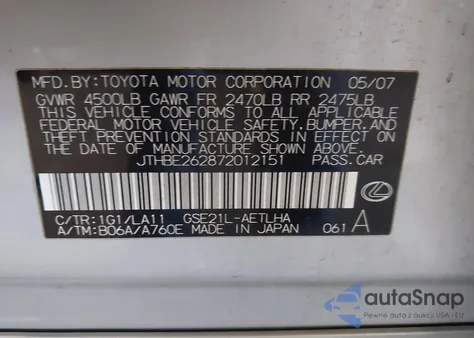 2007 Lexus Is 350 from USA, damaged, VIN JTHBE262872012151